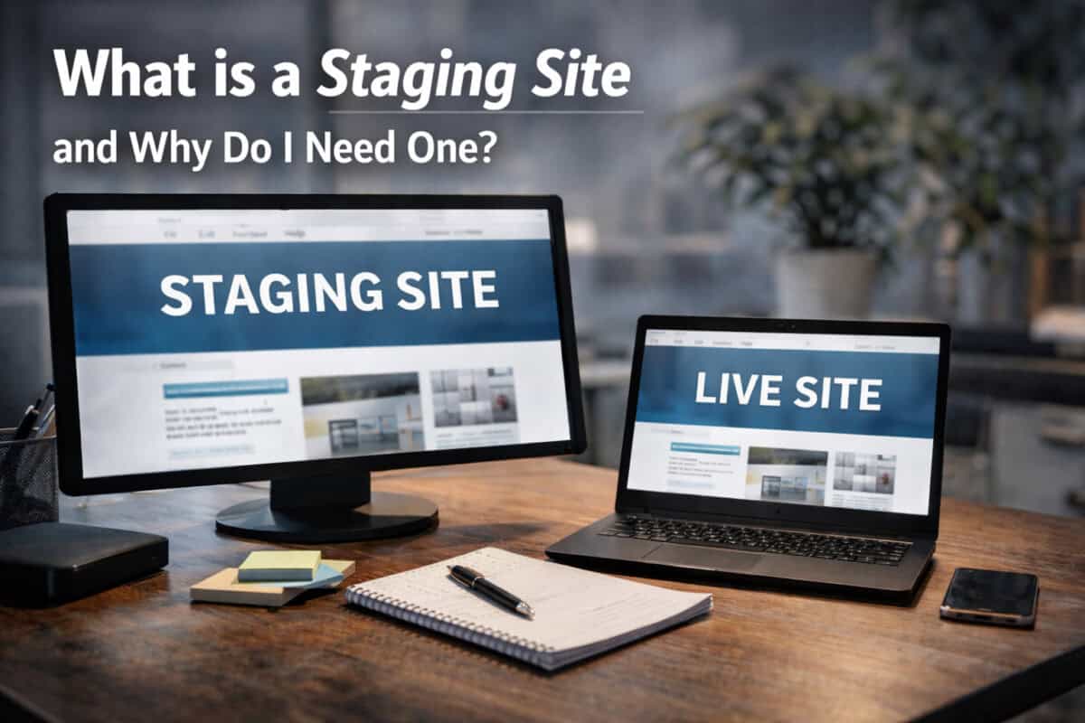 A staging site on a desktop screen and a live site on a laptop screen on a desk.