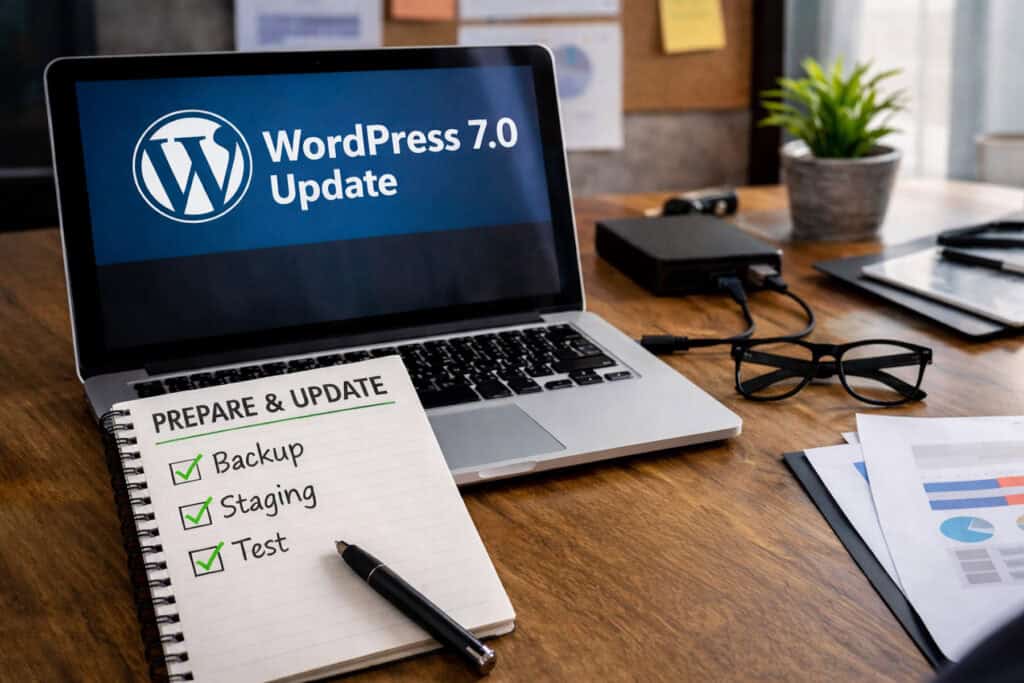 Workspace preparing for WordPress 7.0 update with laptop showing update message, notepad checklist with backup, staging, and test tasks