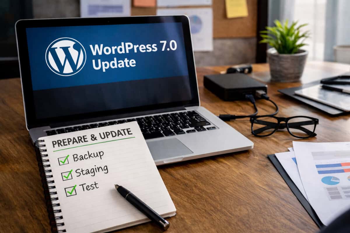 Workspace preparing for WordPress 7.0 update with laptop showing update message, notepad checklist with backup, staging, and test tasks