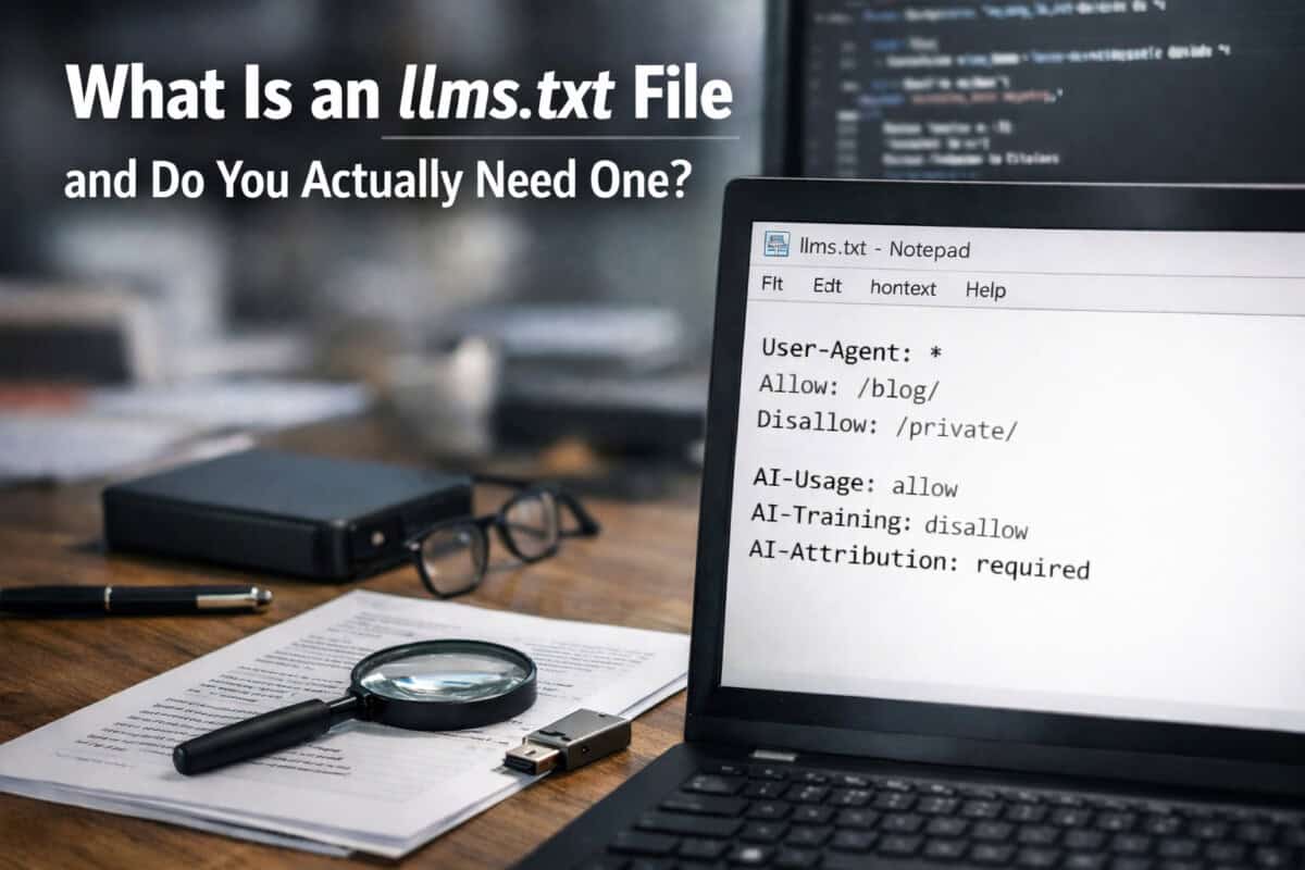 A laptop on a desk showing the contents of an llms.txt file