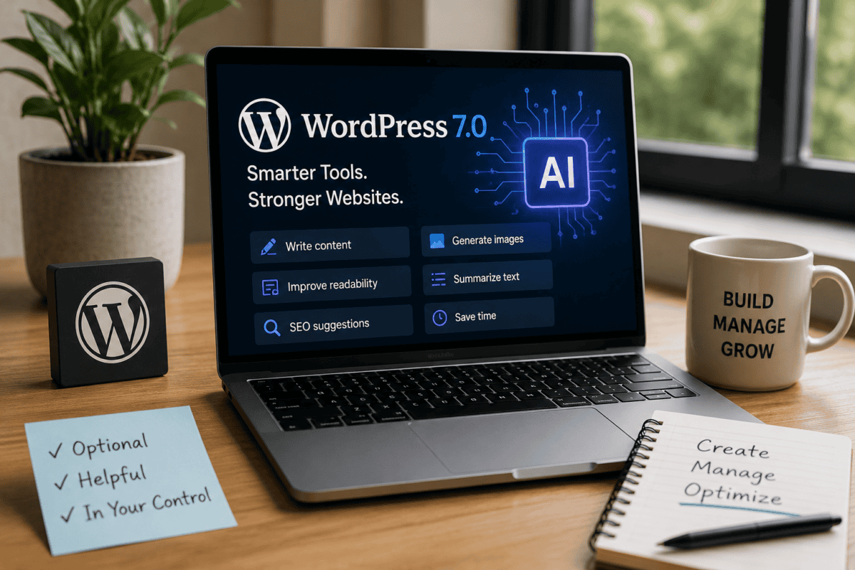 Laptop displaying WordPress AI tools on a modern office desk with notes highlighting optional and user-controlled features.
