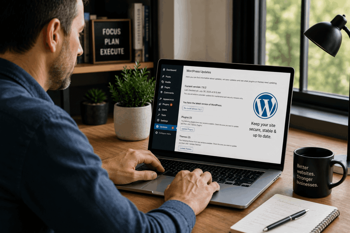 Business owner reviewing WordPress updates on a laptop to keep a website secure and up to date.